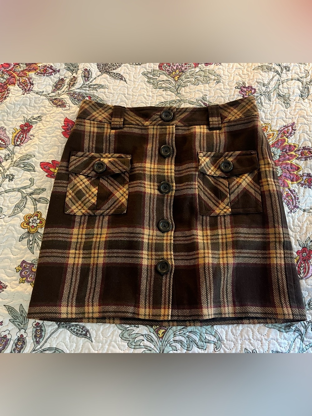 Women’s A Loft Brown Tan Plaid Skirt Size 8 Checkered Cottagecore Warm Buttons